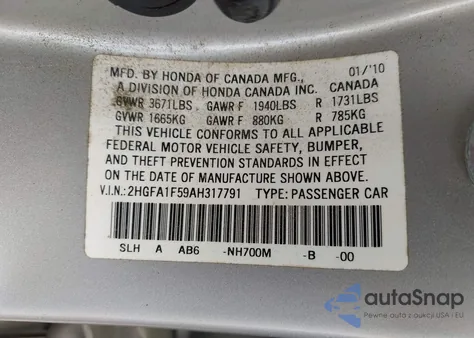 2010 Honda Civic Lx from USA, damaged, VIN 2HGFA1F59AH317791